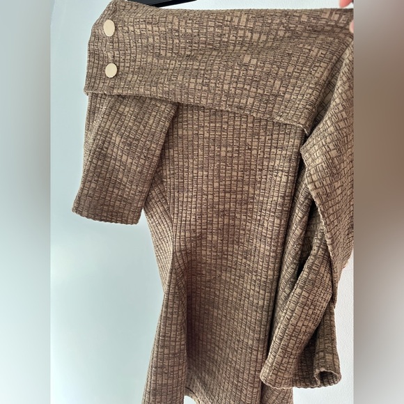 Tan Off-the-Shoulder Bardot Sweater with Ribbed Texture Beige - Picture 3 of 7